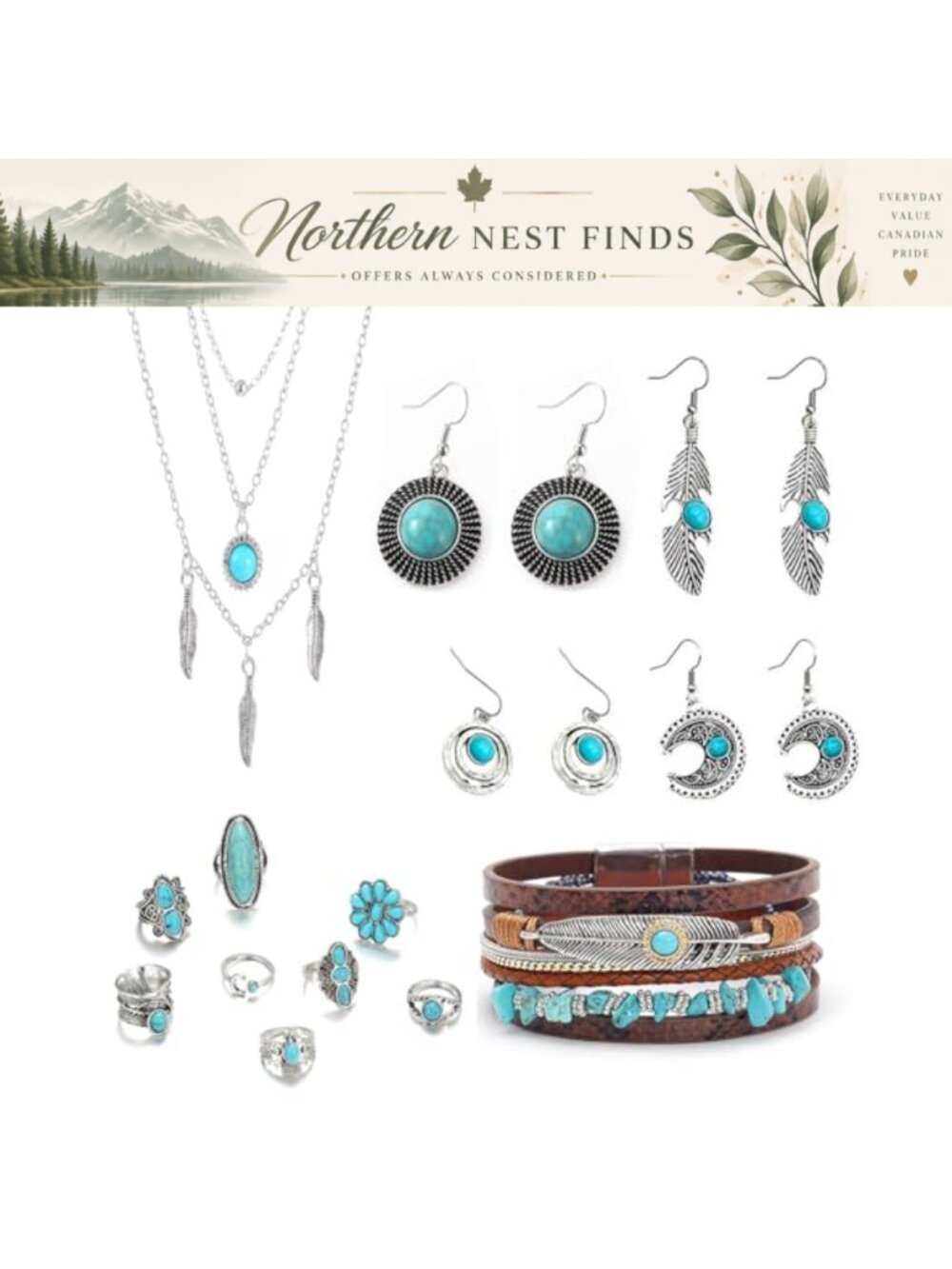 14PC Western Turquoise Jewelry Set – Boho Cowgirl Necklace Earrings Bracelet